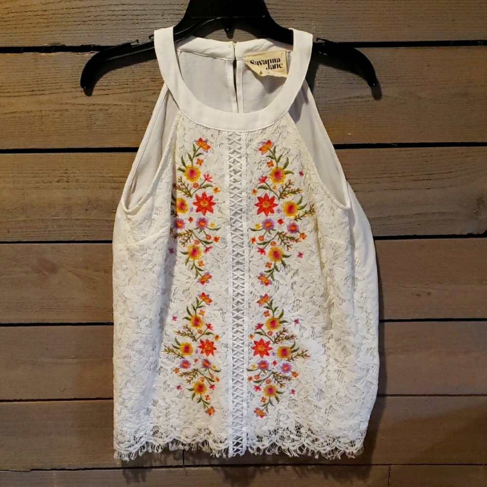Savanna Jane White Lace Tank with Floral Embroidery